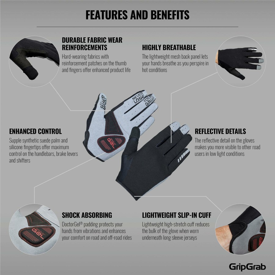 Helmets & Protection GripGrab Gloves | Gripgrab Shark Padded Full Finger Glove Black