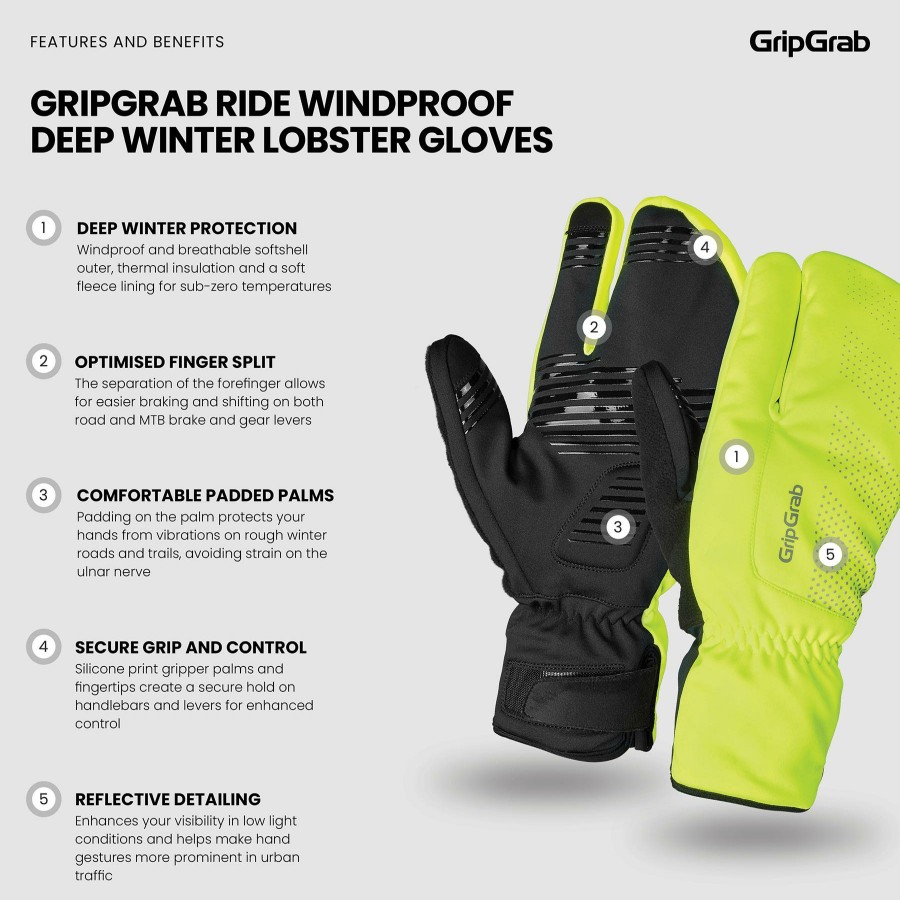 Helmets & Protection GripGrab Gloves | Gripgrab Ride Hi-Vis Wp Deep Winter Lobster Glove Hi-Viz Yellow