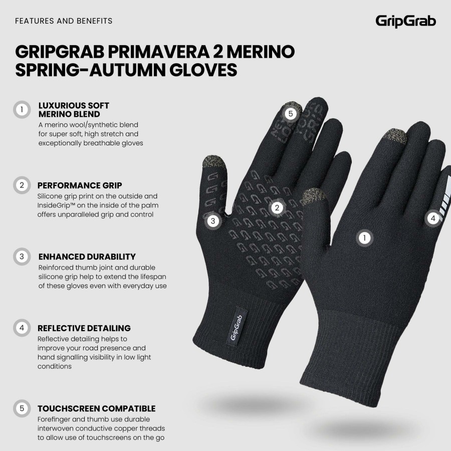 Helmets & Protection GripGrab Gloves | Gripgrab Primavera Merino Glove Ii Black