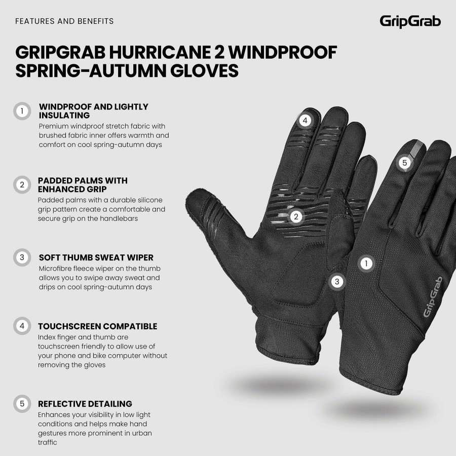 Helmets & Protection GripGrab Gloves | Gripgrab Hurricane 2 Windproof Midseason Glove Black